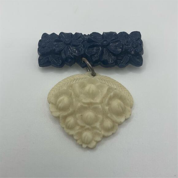 Vintage 1930s Carved Celluloid Floral Brooch Blue and white dangle pin - Picture 1 of 6